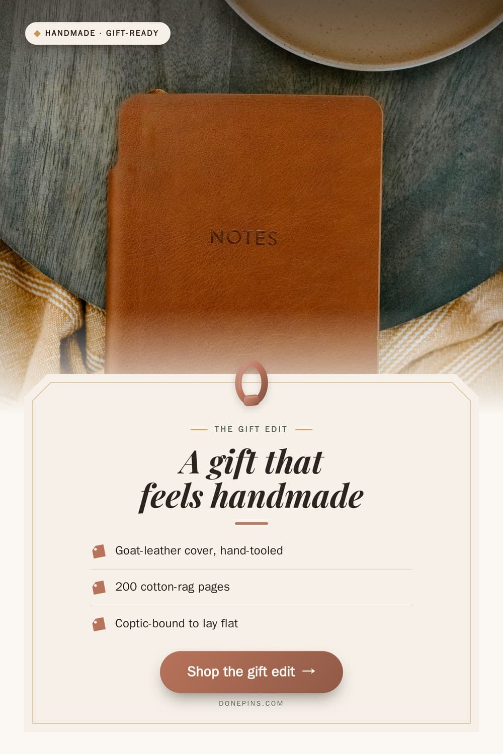 DonePins engine output — Etsy · Hand-Bound Leather Journal